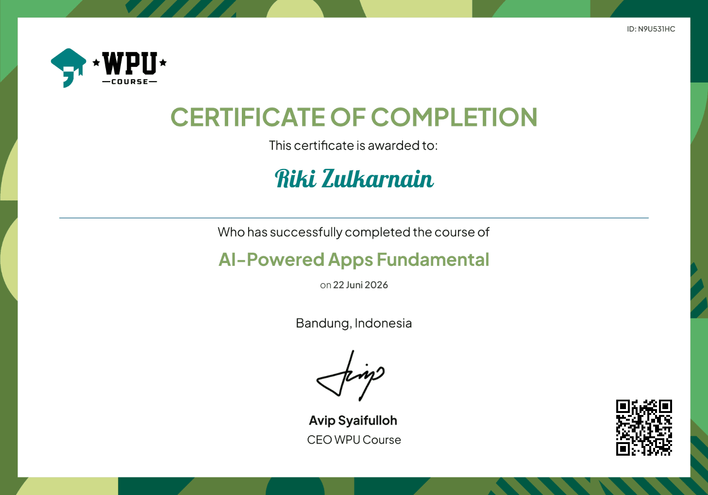 WPU Course Certificate (N9U531HC)