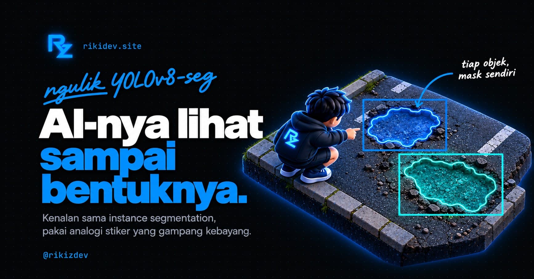 Instance segmentation YOLOv8 mendeteksi piksel tiap objek secara presisi, beda dari bounding box biasa.